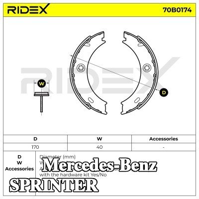 RIDEX مجموعة أحذية الفرامل للمحور الخلفي, 170mm — 2000 Mercedes-Benz Sprinter