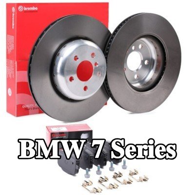 BREMBO مجموعة أقراص الفرامل والوسادات Prime, محور قرص الفرامل من الألومنيوم, مزود بفتحات تهوية داخلية, قرص مكابح ثنائي الأجزاء — BMW 7 Series