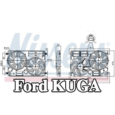NISSENS مروحة, المبرد 343mm, مع غطاء مروحة المبرد, بدون مقاوم, بدون وحدة التحكم — Ford Kuga