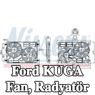 NISSENS Fan, radyatör 343mm, radyatör fan kapağı, direnç olmadan, kontrol ünitesi olmadan — Ford Kuga