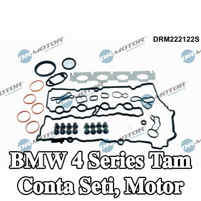 DR.MOTOR AUTOMOTIVE Tam Conta Seti, kam mili contalı motor, krank mili contası ile, valf kapağı contası ile, valf gövdesi contalı, silindir kafası contası olmadan, egzoz manifoldu contası ile (ler), emme manifoldu contası/contaları ile — BMW 4 Series