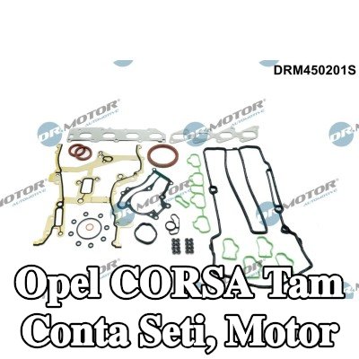 DR.MOTOR AUTOMOTIVE Tam Conta Seti, kam mili contalı motor, valf kapağı contası ile, valf gövdesi contalı, silindir kafası contası olmadan, egzoz manifoldu contası ile (ler), emme manifoldu contası/contaları ile — 2017 Opel Corsa