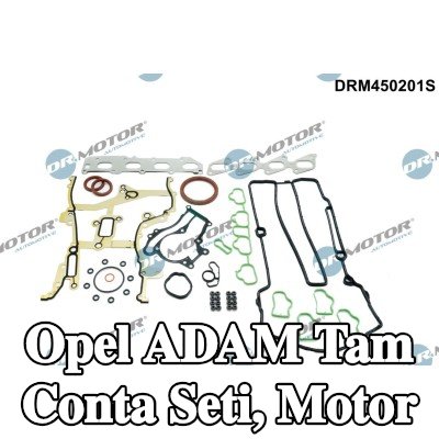 DR.MOTOR AUTOMOTIVE Tam Conta Seti, kam mili contalı motor, valf kapağı contası ile, valf gövdesi contalı, silindir kafası contası olmadan, egzoz manifoldu contası ile (ler), emme manifoldu contası/contaları ile — Opel Adam