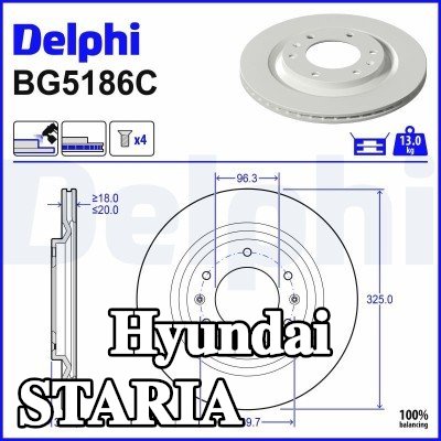 DELPHI القطر الخارجي لقرص المكابح: 325mm, مُهوى, مطلي — Hyundai Staria