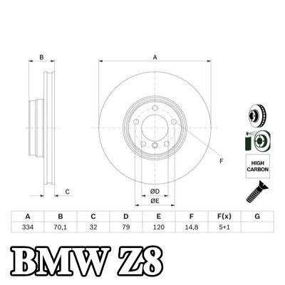 BOSCH القطر الخارجي لقرص المكابح: 334mm, مُهوى, مطلي, مع مسامير/براغي — BMW Z8
