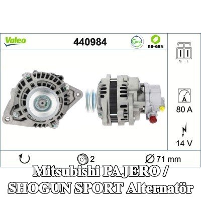 VALEO Alternatör 80A, pompalı — Mitsubishi Pajero / Shogun Sport