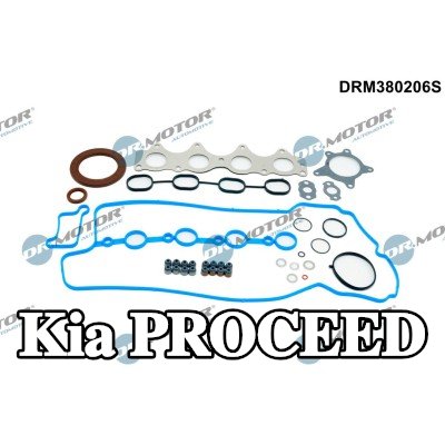 DR.MOTOR AUTOMOTIVE مجموعة حشيات كاملة, محرك مزود بمانع تسرب عمود الكامات, مع مانع تسرب العمود المرفقي, مع حشية غطاء الصمام, مع أختام ساق الصمام, بدون حشية رأس الأسطوانة, مع حشية (حشيات) مشعب العادم, مع حشية (حشيات) مشعب السحب — Kia Proceed