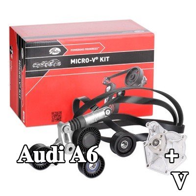 GATES مضخة المياه + مجموعة الحزام المضلع على شكل V مع مضخة المياه, مجموعة Micro-V, Micro-V® Stretch Fit™ — 2011 Audi A6