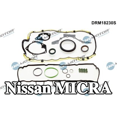 DR.MOTOR AUTOMOTIVE مجموعة حشيات كاملة, محرك مع حشية غطاء الصمامات, مع أختام ساق الصمام, مع حشية حوض الزيت — Nissan Micra