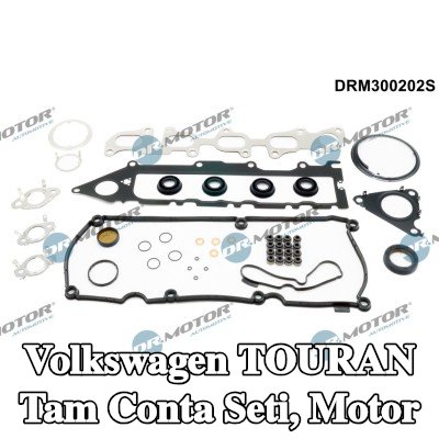 DR.MOTOR AUTOMOTIVE Tam Conta Seti, kam mili contalı motor, valf kapağı contası ile, valf gövdesi contalı, silindir kafası contası olmadan, egzoz manifoldu contası ile (ler), emme manifoldu contası/contaları ile — Volkswagen Touran