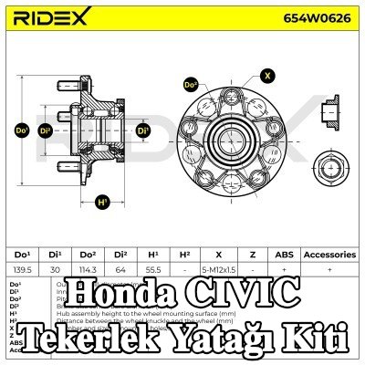 RIDEX Tekerlek yatağı kiti Arka Aks her iki taraf, tekerlek göbeği ile — Honda Civic