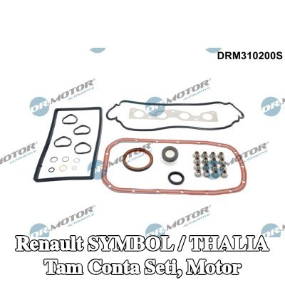 DR.MOTOR AUTOMOTIVE Tam Conta Seti, kam mili contalı motor, valf kapağı contası ile, valf gövdesi contalı, silindir kafası contası olmadan, egzoz manifoldu contası ile (ler), emme manifoldu contası/contaları ile — Renault Symbol / Thalia
