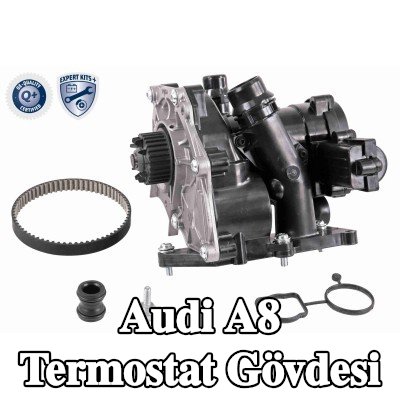VEMO Contalı/sızdırmazlık elemanlı termostat muhafazası, kayışlı, cıvata/vida ile, flanş ile, sensörlü, termostatlı — Audi A8