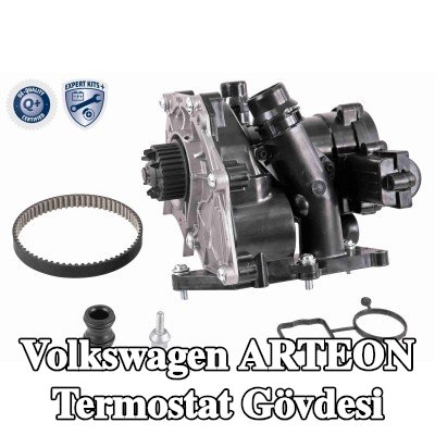 VEMO Contalı/sızdırmazlık elemanlı termostat muhafazası, kayışlı, cıvata/vida ile, flanş ile, sensörlü, termostatlı — Volkswagen Arteon