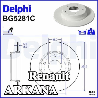 DELPHI القطر الخارجي لقرص المكابح: 260mm, صلب, مطلي — Renault Arkana